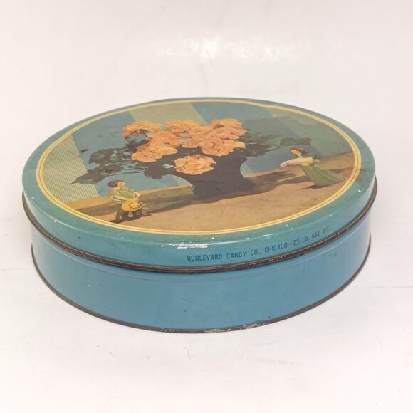 Other - Vintage Boulevard Candy Co Tin Cottage Scene Floral Decor 9” Round Patina